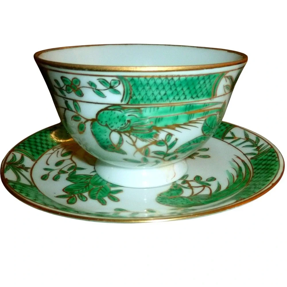 Vintage Chinese Famille Verte Style Teacup & Saucer Green Phoenix Bird Gold Gilt